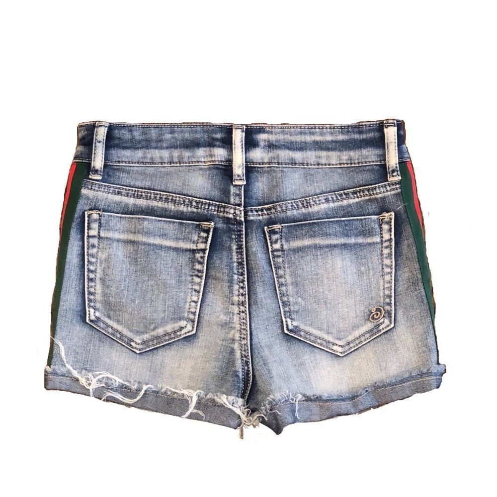 Washed Denim Shorts W/ Side Stripe Ribbon - Picture 4 of 5